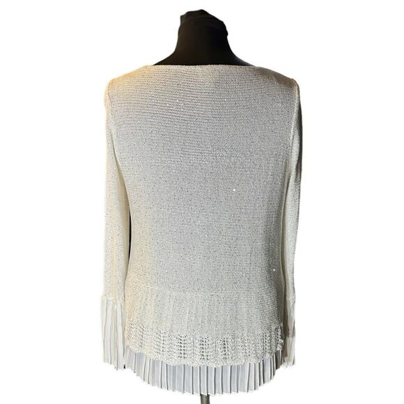 Sioni White Mixed Media Sparkle Chiffon Underlay Pleated Hem Sweater Size L - Picture 3 of 8